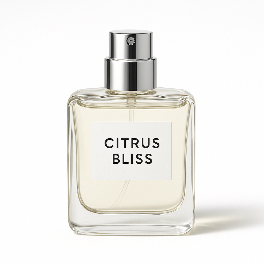A clear glass perfume bottle with a light yellow tint and silver sprayer, labeled “Citrus Bliss”. Fresh and minimalist design with smooth lines. Photorealistic studio product shot, centered on a pure white background, soft shadows, ultra-high resolution.