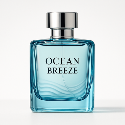 A crystal-clear blue perfume bottle with silver accents, labeled “Ocean Breeze”. Minimalist, modern design with a wave-inspired texture on the glass. Photorealistic studio product shot, pure white background, centered, soft natural shadows, ultra-high resolution.