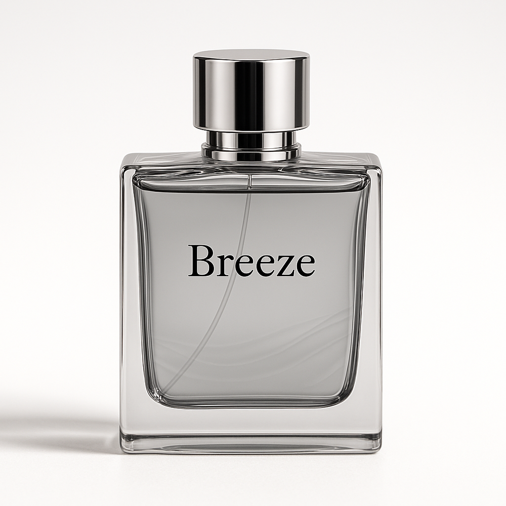 A crystal-clear Grey perfume bottle with silver accents, labeled  Breeze”. Minimalist, modern design with a wave-inspired texture on the glass. Photorealistic studio product shot, pure white background, centered, soft natural shadows, ultra-high resolution.
