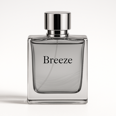 A crystal-clear Grey perfume bottle with silver accents, labeled  Breeze”. Minimalist, modern design with a wave-inspired texture on the glass. Photorealistic studio product shot, pure white background, centered, soft natural shadows, ultra-high resolution.
