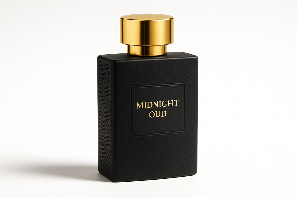 A deep black perfume bottle with a matte finish and golden cap, labeled “Midnight Oud”. Sophisticated and luxurious design, accented with subtle geometric patterns. Photorealistic studio lighting, pure white background, clean shadows, elegant luxury product photography.