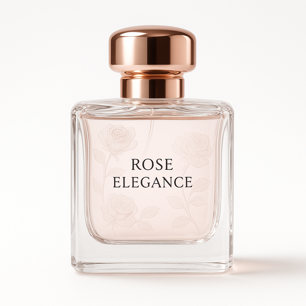 A luxurious glass perfume bottle with a rose-gold cap, labeled “Rose Elegance”. Elegant design with subtle rose flower patterns etched on the glass. Photorealistic studio shot, centered on a pure white background, soft shadows, high resolution, product photography style. ratio 1:1 