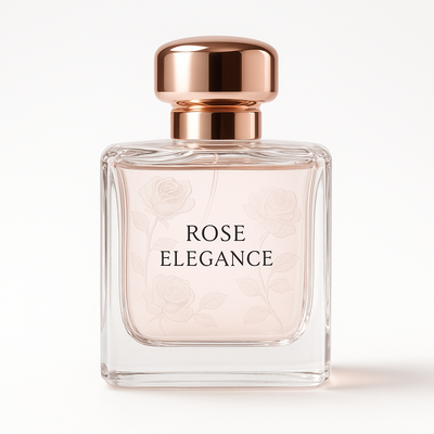 A luxurious glass perfume bottle with a rose-gold cap, labeled “Rose Elegance”. Elegant design with subtle rose flower patterns etched on the glass. Photorealistic studio shot, centered on a pure white background, soft shadows, high resolution, product photography style. ratio 1:1 
