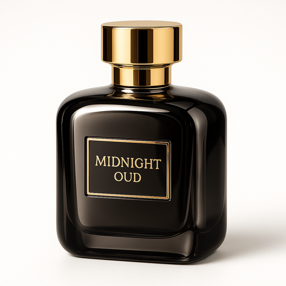 A luxurious reflective mirror-finish dark glass perfume bottle with a golden cap, labeled “Midnight Oud”. Minimalist and elegant design with subtle golden accents. Photorealistic studio product shot, centered on a pure white background, soft shadows, ultra-high resolution, premium product photography.