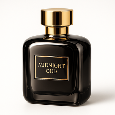 A luxurious reflective mirror-finish dark glass perfume bottle with a golden cap, labeled “Midnight Oud”. Minimalist and elegant design with subtle golden accents. Photorealistic studio product shot, centered on a pure white background, soft shadows, ultra-high resolution, premium product photography.